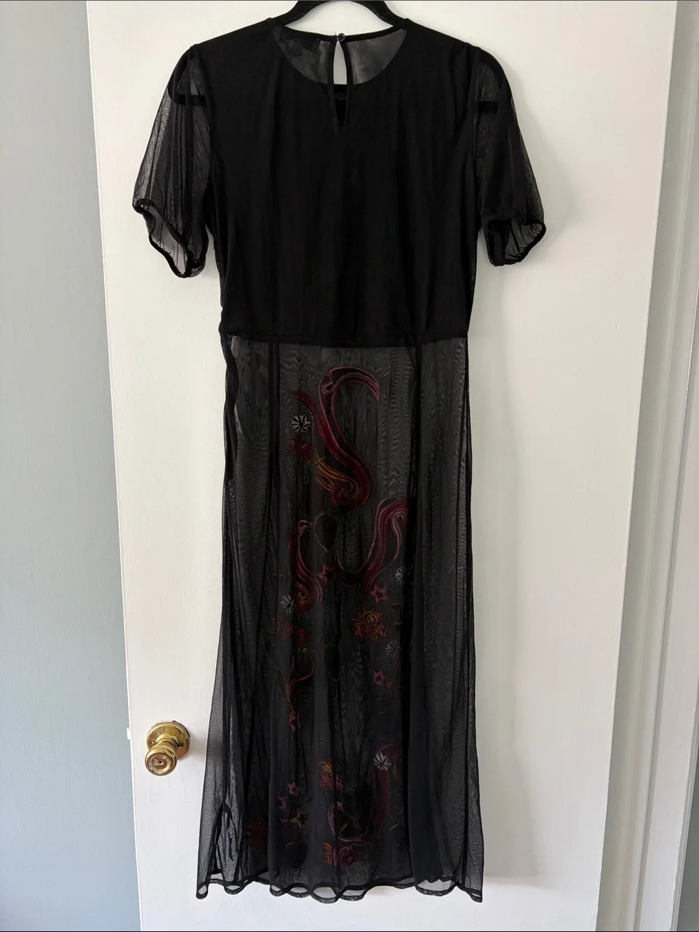 Never Fully Dressed Black Mesh Maxi Dress with Pink and Yellow Embroidery
